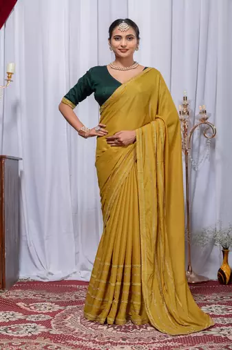 Yellow Color Zari Embroidery Hotflix Diamond Work Vichitra Silk Saree