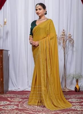 Yellow Color Zari Embroidery Hotflix Diamond Work Vichitra Silk Saree 3