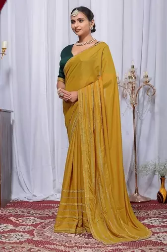 Yellow Color Zari Embroidery Hotflix Diamond Work Vichitra Silk Saree