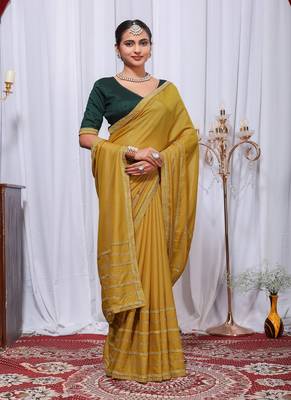 Yellow Color Zari Embroidery Hotflix Diamond Work Vichitra Silk Saree 4