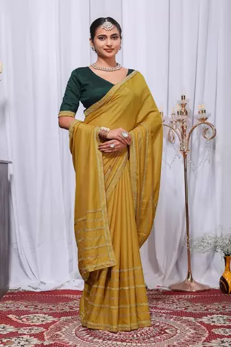 Yellow Color Zari Embroidery Hotflix Diamond Work Vichitra Silk Saree
