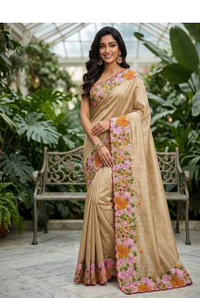 Cream Color Malti Colour Thread Embroidery work  art silk saree 1