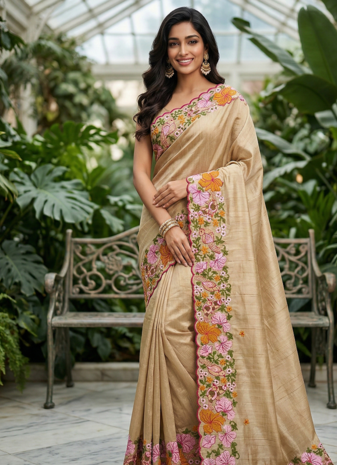 Cream Color Malti Colour Thread Embroidery work  Silk Saree