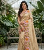 Cream Color Malti Colour Thread Embroidery work  Silk Saree