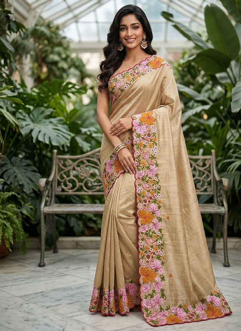 Cream Color Malti Colour Thread Embroidery work  Silk Saree
