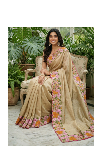 Cream Color Malti Colour Thread Embroidery work  art silk saree 2