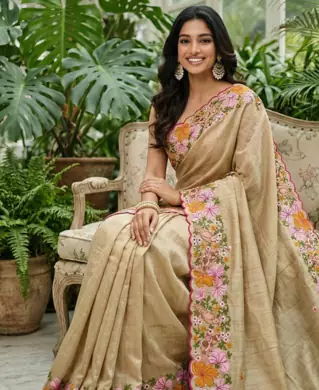 Cream Color Malti Colour Thread Embroidery work  art silk saree