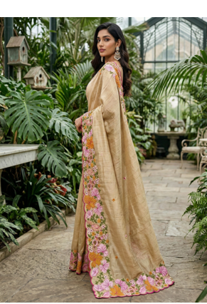 Cream Color Malti Colour Thread Embroidery work  art silk saree 3