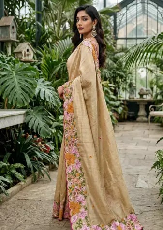 Cream Color Malti Colour Thread Embroidery work  art silk saree