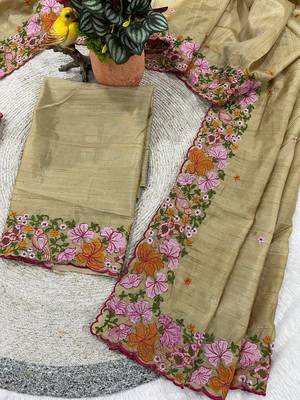 Cream Color Malti Colour Thread Embroidery work  art silk saree 5