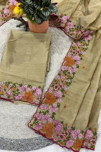 Cream Color Malti Colour Thread Embroidery work  art silk saree