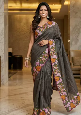Grey Color Malti Colour Thread Embroidery work  Silk Saree