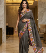 Grey Color Malti Colour Thread Embroidery work  Silk Saree