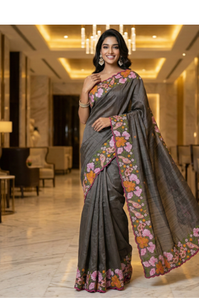 Grey Color Malti Colour Thread Embroidery work  art silk saree 2