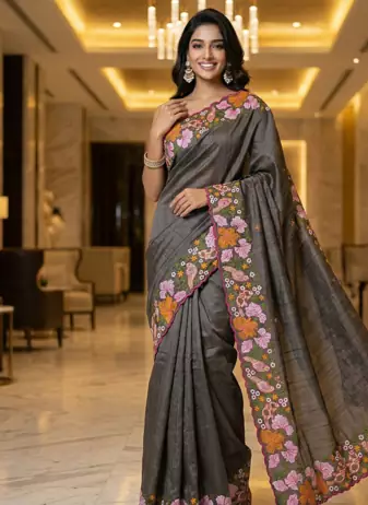 Grey Color Malti Colour Thread Embroidery work  art silk saree