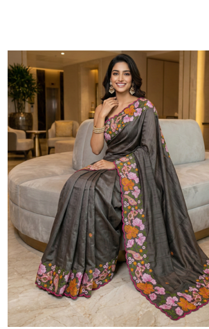 Grey Color Malti Colour Thread Embroidery work  art silk saree 3