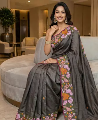 Grey Color Malti Colour Thread Embroidery work  art silk saree