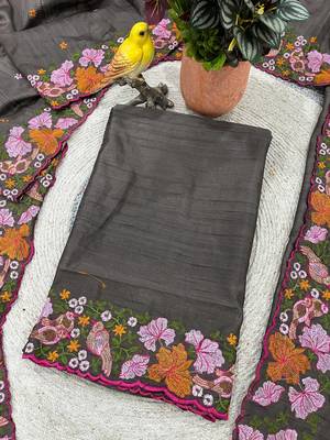 Grey Color Malti Colour Thread Embroidery work  art silk saree 4