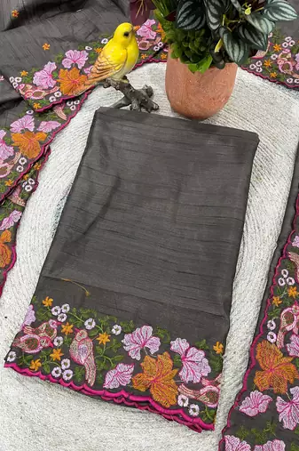 Grey Color Malti Colour Thread Embroidery work  art silk saree