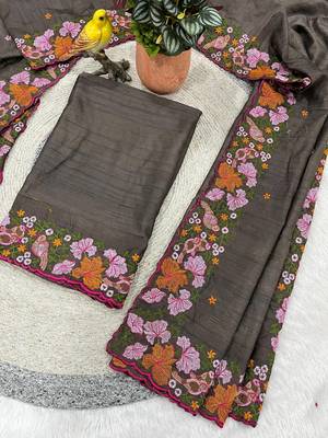 Grey Color Malti Colour Thread Embroidery work  art silk saree 5