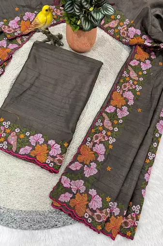 Grey Color Malti Colour Thread Embroidery work  art silk saree