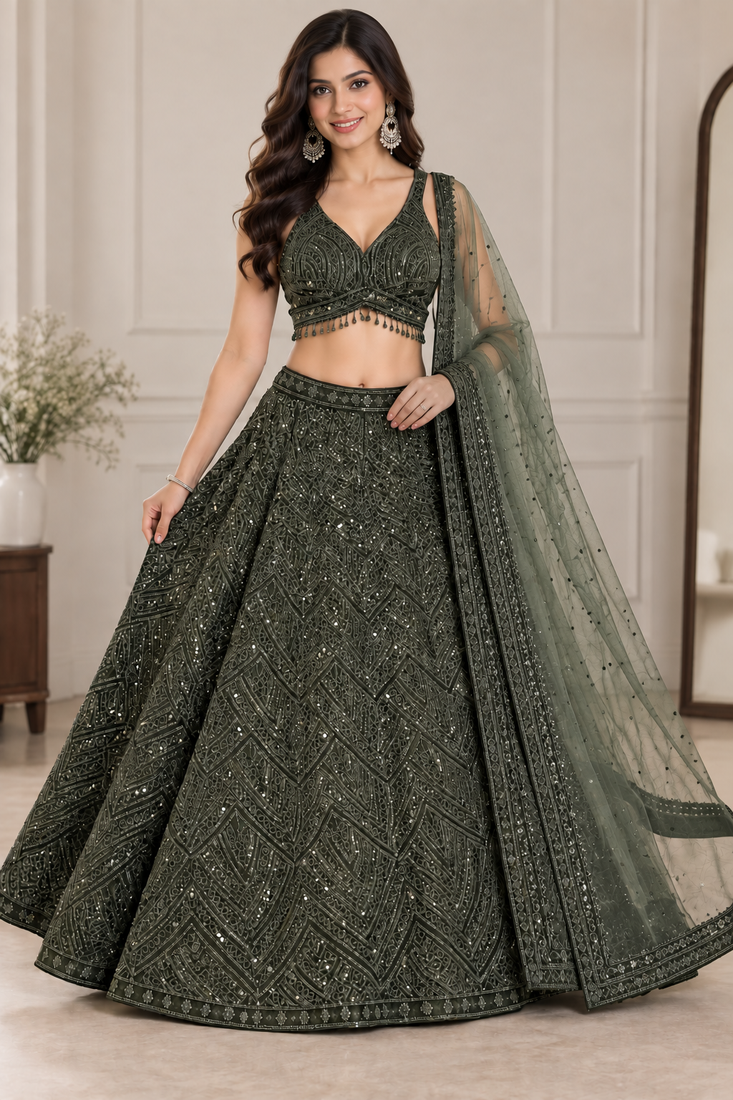 Premium Olive Green Embroidered Chinon Silk Lehenga Choli Dupatta