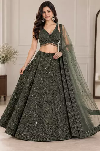 Premium Olive Green Embroidered Chinon Silk Lehenga Choli Dupatta