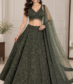 Premium Olive Green Embroidered Chinon Silk Lehenga Choli Dupatta