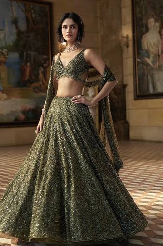 Premium Olive Green Embroidered Chinon Silk Lehenga Choli Dupatta