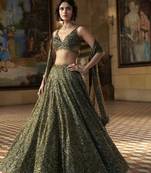 Premium Olive Green Embroidered Chinon Silk Lehenga Choli Dupatta