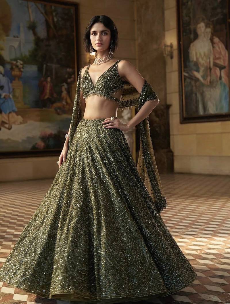 Premium Olive Green Embroidered Chinon Silk Lehenga Choli Dupatta