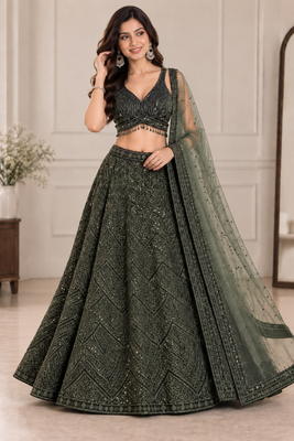 Premium Olive Green Embroidered Chinon Silk Lehenga Choli Dupatta 2