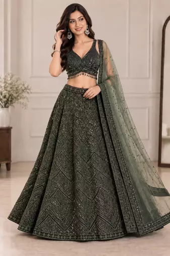 Premium Olive Green Embroidered Chinon Silk Lehenga Choli Dupatta
