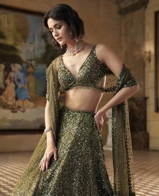 Premium Olive Green Embroidered Chinon Silk Lehenga Choli Dupatta 2