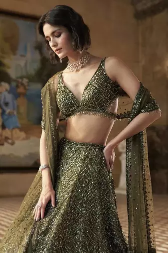 Premium Olive Green Embroidered Chinon Silk Lehenga Choli Dupatta