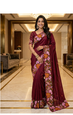 Maroon Color Malti Colour Thread Embroidery work  art silk saree 1