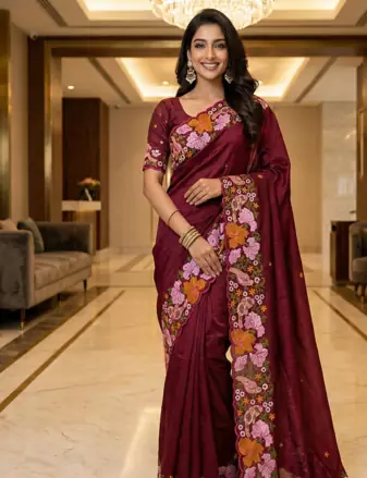 Maroon Color Malti Colour Thread Embroidery work  Silk Saree
