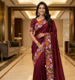 Maroon Color Malti Colour Thread Embroidery work  Silk Saree