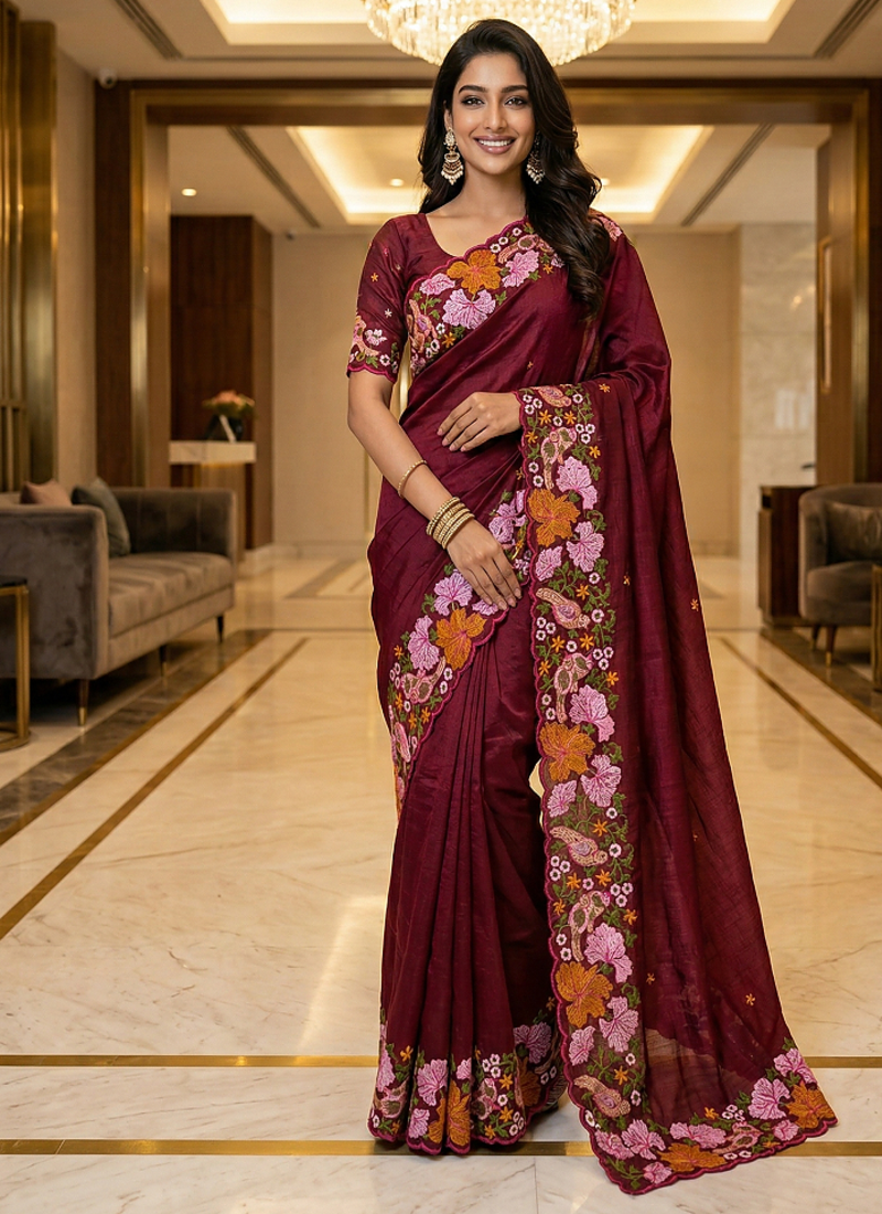 Maroon Color Malti Colour Thread Embroidery work  Silk Saree