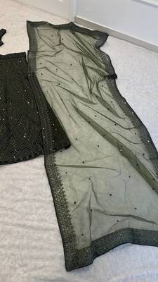 Premium Olive Green Embroidered Chinon Silk Lehenga Choli Dupatta 4