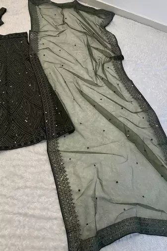 Premium Olive Green Embroidered Chinon Silk Lehenga Choli Dupatta