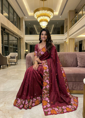 Maroon Color Malti Colour Thread Embroidery work  art silk saree 3