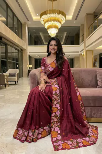 Maroon Color Malti Colour Thread Embroidery work  art silk saree