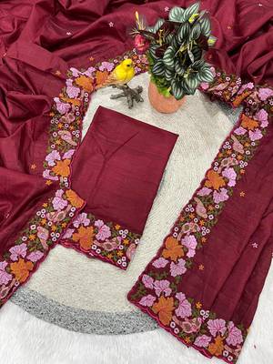 Maroon Color Malti Colour Thread Embroidery work  art silk saree 4