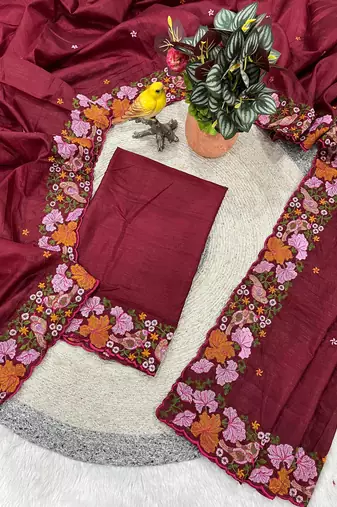 Maroon Color Malti Colour Thread Embroidery work  art silk saree
