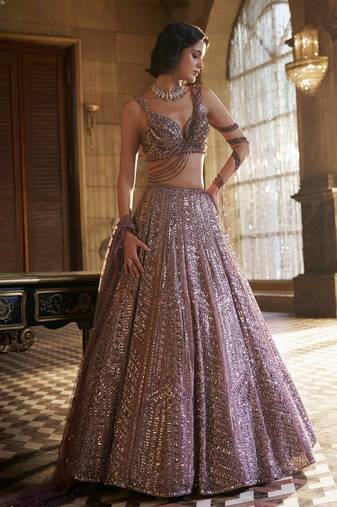 Mauve Kasturi Silk Sequins Embroidered Bridal Lehenga Choli With Net Dupatta