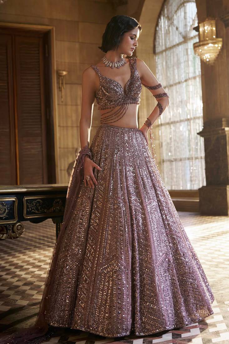 Mauve Kasturi Silk Sequins Embroidered Bridal Lehenga Choli With Net Dupatta