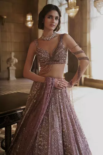 Mauve Kasturi Silk Sequins Embroidered Bridal Lehenga Choli With Net Dupatta