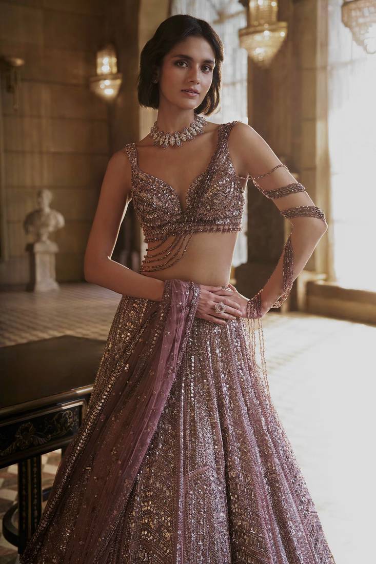 Mauve Kasturi Silk Sequins Embroidered Bridal Lehenga Choli With Net Dupatta