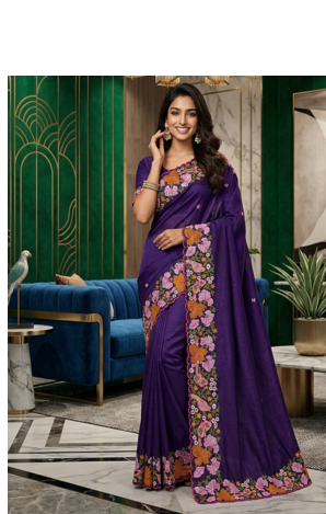 Purple Color Malti Colour Thread Embroidery work  art silk saree 1